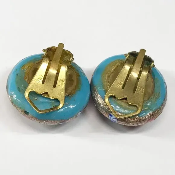 VTG Itlay Venetian Murano Fiorato Lampwork Wedding Cake Button Clip On Earrings - Picture 11 of 12